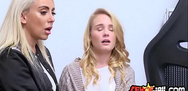  Two horny blondes with big breast are sucking a big cock in order to avoid jail.